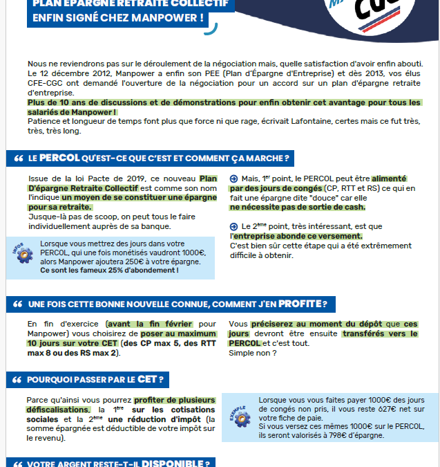 Accord PERCOL: plan d’épargne collectif enfin signé chez Manpower
