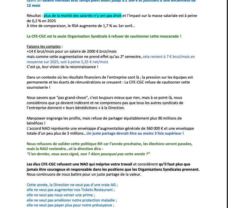 NAO 2025 = Négociation Annuelle Obligatoire sur nos rémunérations…pourquoi voter CFE-CGC?