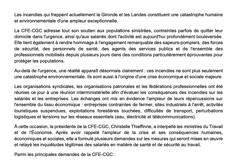 CP 27 juillet 2026 Incendies en Gironde et dans les landes : protéger les salariés, préserver l&rsquo;activité et préparer la reprise