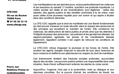 Manifestations du 17 octobre 2026 : la CFE-CGC appelle à l&rsquo;apaisement et à des réponses concrètes